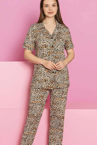 Kısa Kol Leopar Baskılı Düğmeli Pijama Takımı Leopar - Resim 2
