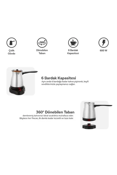 Crown CRW-7104 600W 6 Fincan Elektrikli Türk Kahve Makinesi Paslanmaz Çelik Inox Cezve AC220V - 2
