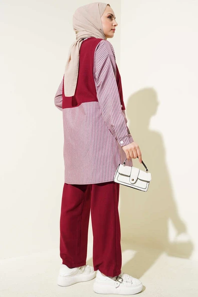Çizgili Gömlek Garnili Düğmeli İkili Takım Bordo - Resim 3