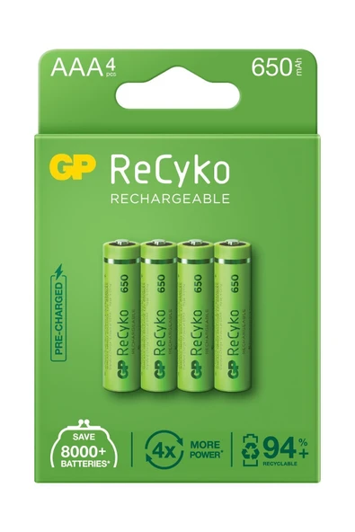 GP Batteries Recyko 650 Aaa Ince Kalem Ni-mh Şarjlı Pil, 1.2 Volt, 4'lü Kart - Resim 2