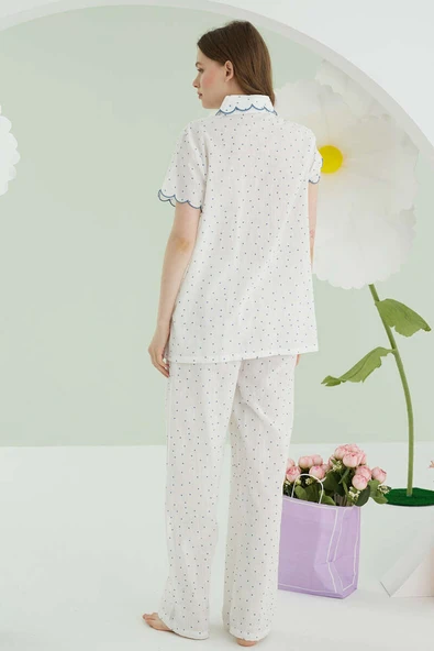 NBB Puantiyeli Keten Pijama Takımı Mavi - Resim 3