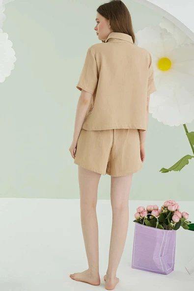 NBB Cep Nakışlı Şortlu Müslin Pijama Takımı Bej - Resim 3