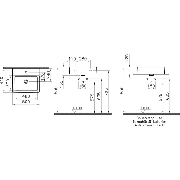 VitrA Geo 7425B003-0012 Dikdörtgen Çanak Lavabo, 60 cm, Beyaz - 4