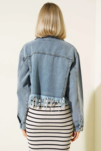 Altı Püsküllü Kısa Kot Ceket Mavi - Resim 3