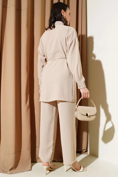 Pelerin Taşlı İp Kuşaklı İkili Takım Bej - Resim 3