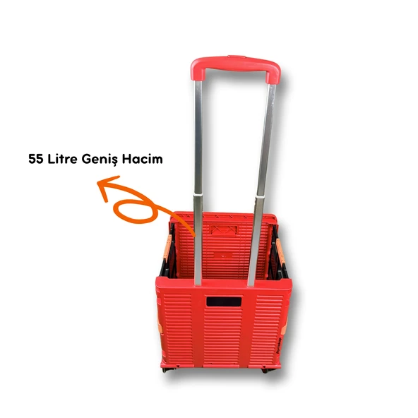 4 Tekerlekli, 55 Litre Kırmızı Katlanır Alışveriş Arabası - 3