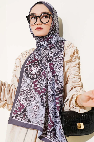 Çiçekli Motifli Soft Şal Füme - Resim 2