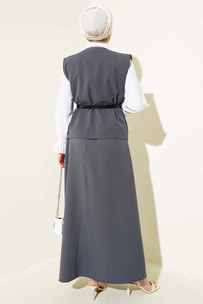 Çapraz Gold Düğmeli Etekli İkili Takım Füme - Resim 3