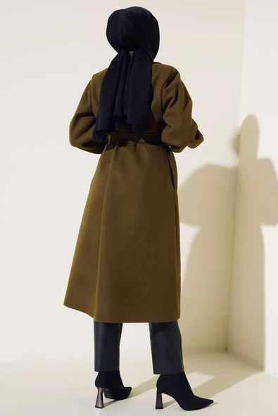 Balon Kollu Uzun Model Haki Kaşe Kaban - Resim 3