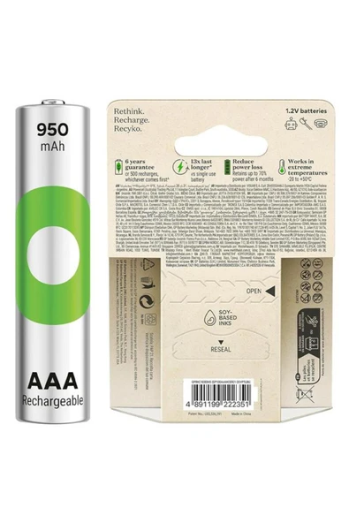 GP Batteries Recyko 950Mah AAA İnce Kalem 6 Adet Ni-Mh Şarjlı Pil 1.2 Volt - Resim 3