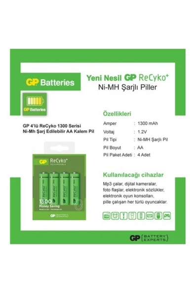 GP Batteries Recyko 1300 Aa Kalem Ni-mh Şarjlı Pil, 1.2 Volt, 4'lü Kart - 4