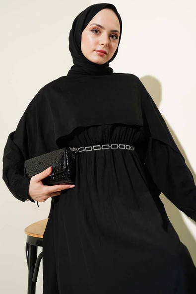 Omuz Pelerinli Bel Lastikli Elbise Siyah - 2