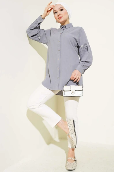 Kol Taşlı Ağaç Kabuğu Gömlek Gri - Resim 2