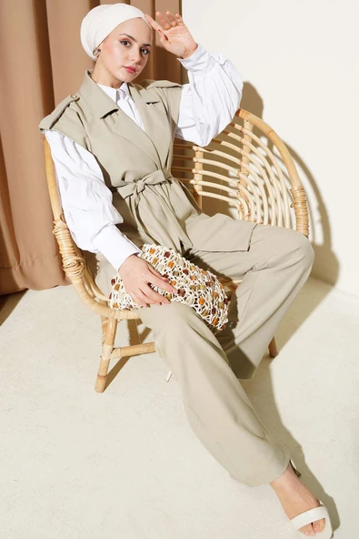 Omuz Apoletli Kuşaklı Yelekli İkili Takım Taş ürün görseli 1