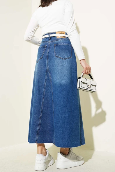 Parçalı Kot Etek Mavi - Resim 3