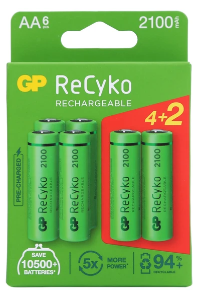 GP Batteries 2100Mah 4+2 Şarjlı Kalem Pil Recyko - Resim 2