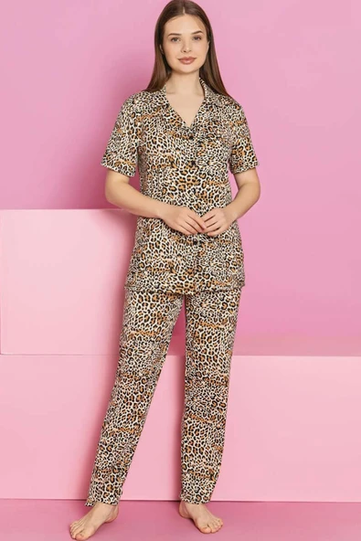 Kısa Kol Leopar Baskılı Düğmeli Pijama Takımı Leopar ürün görseli 1