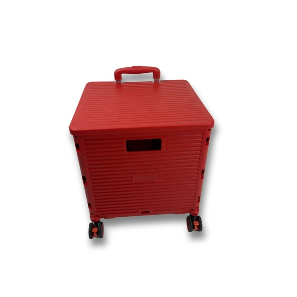 4 Büyük Tekerlekli, 55 Litre Kırmızı Katlanır Alışveriş Arabası