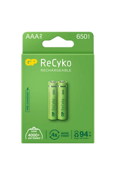 GP Batteries Recyko 650 Aaa Ince Kalem Ni-mh Şarjlı Pil, 1.2 Volt, 2'li Kart