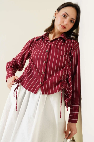 Kalp Düğmeli Önü Büzgülü Kısa Gömlek Bordo ürün görseli 1