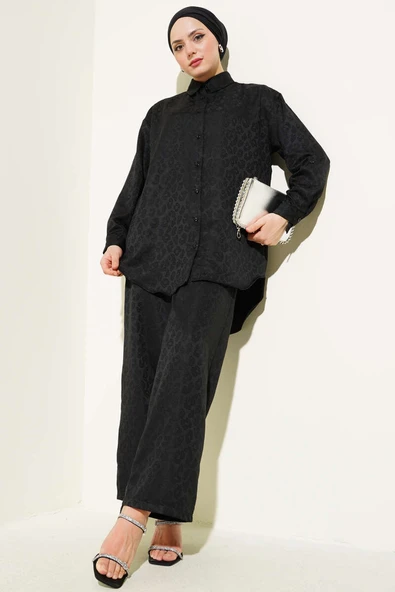 Kendinden Desenli Jakar Gömlek İkili Takım Siyah ürün görseli 1