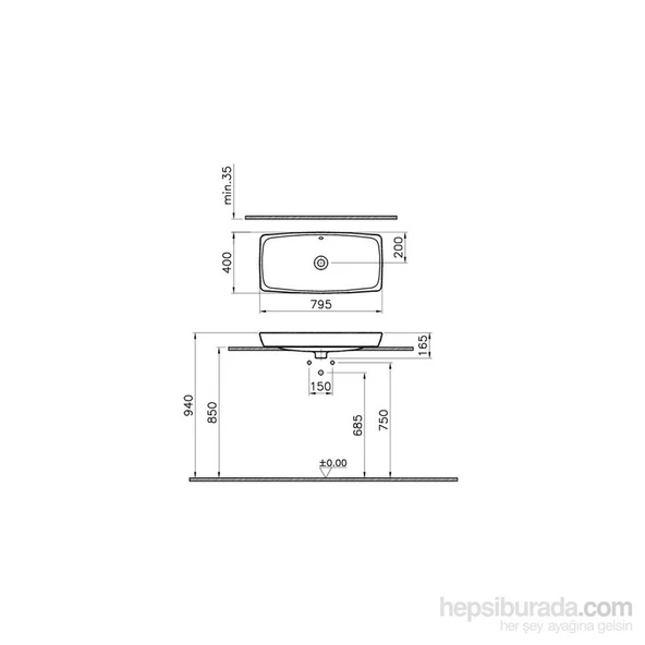 VitrA Metropole 5669B003-0016 Dikdörtgen Çanak Lavabo, 80 cm, Beyaz - 2