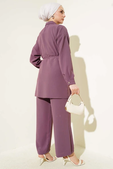 Pelerin Taşlı İp Kuşaklı İkili Takım Magenta - Resim 3