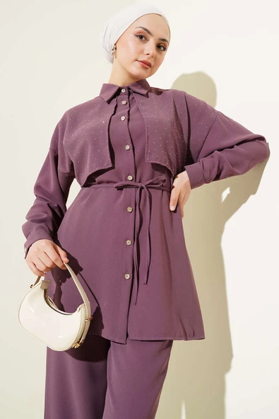 Pelerin Taşlı İp Kuşaklı İkili Takım Magenta - Resim 2