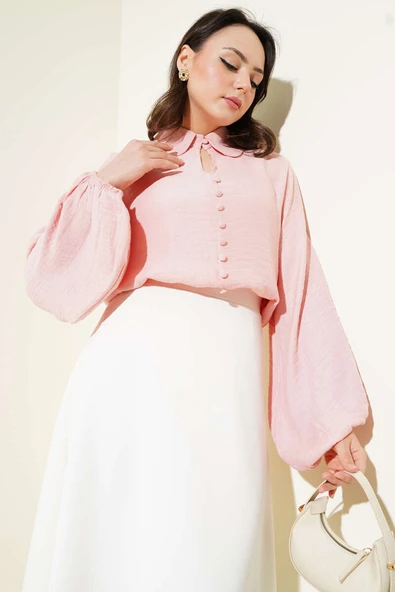 Bebe Yaka Düğme Detaylı Gofre Bluz Pembe ürün görseli