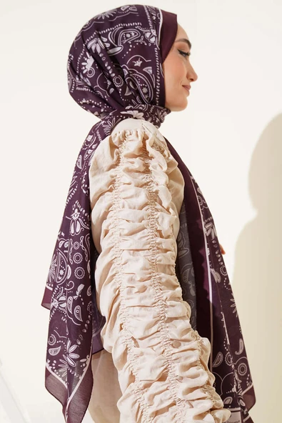 Retro Desen Kenar Şeritli Şal Acı Kahve - Resim 3