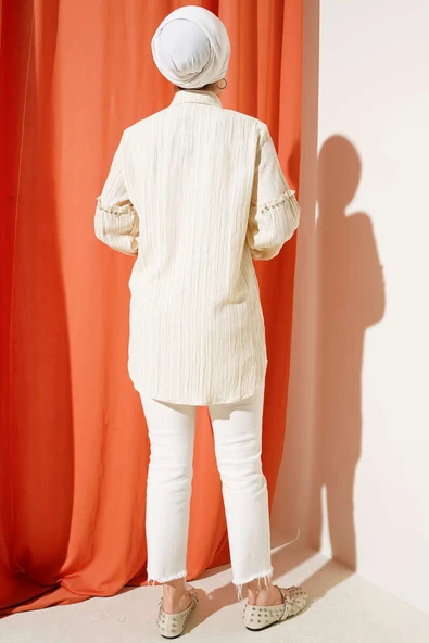 Kol Taşlı Ağaç Kabuğu Gömlek Bej - Resim 3