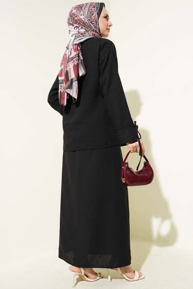 İp Bağlamalı Etekli Keten İkili Takım Siyah - Resim 3