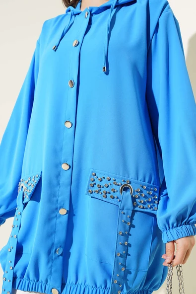 Kapüşonlu Cep Taşlı Kap Mavi - 4