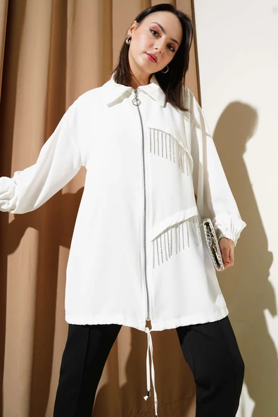 Püskül Taşlı Fermuarlı Kap Ekru ürün görseli 1