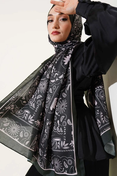 Retro Desen Kenar Şeritli Şal Zümrüt - Resim 2