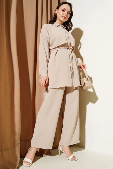 Pelerin Taşlı İp Kuşaklı İkili Takım Bej ürün görseli 1