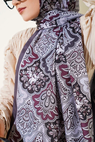 Çiçekli Motifli Soft Şal Füme - Resim 4