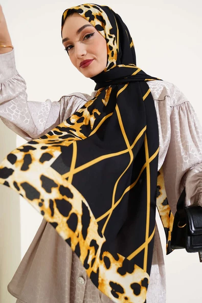 Leopar Şeritli Çizgili Medine Şal Siyah Hardal - Resim 2