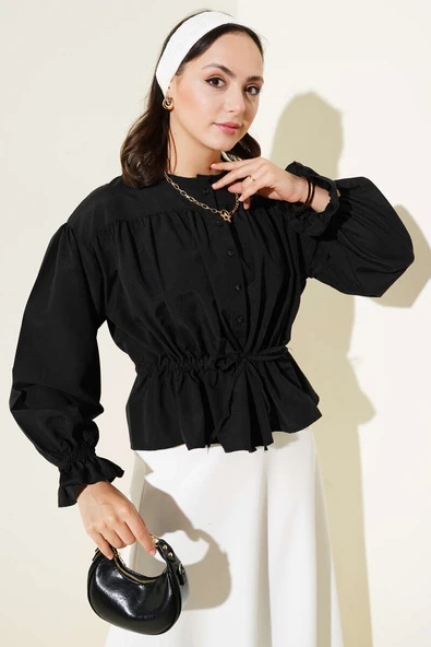 Bilek Lastikli Bel Tünelli Kısa Gömlek Siyah ürün görseli 1