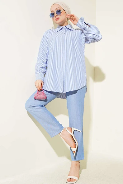 Çizgili Gizli Düğmeli Tunik İkili Takım Buz Mavisi ürün görseli 1