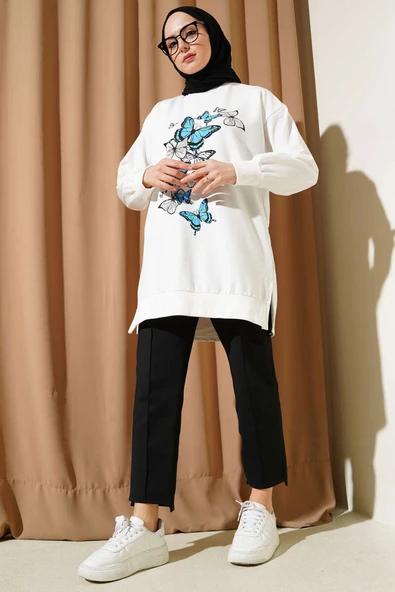 Kelebek Baskılı İki İplik Tunik Beyaz - Resim 2