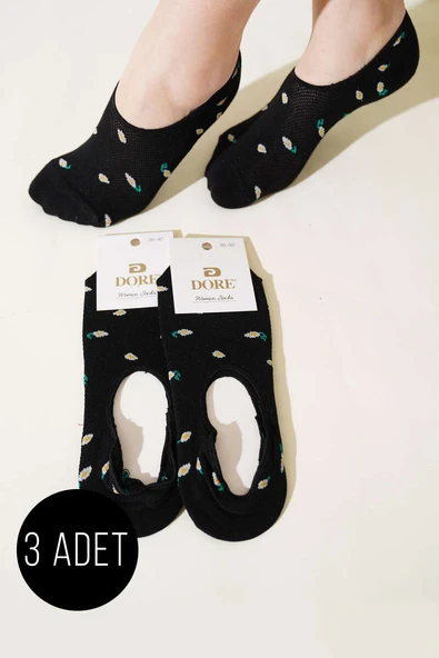 Bayan 3lü Mini Çiçekli Babet Çorap Siyah ürün görseli