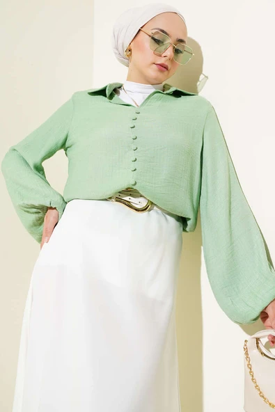Bebe Yaka Düğme Detaylı Gofre Bluz Fıstık Yeşili ürün görseli