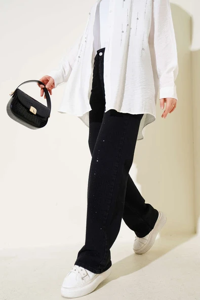 Taşlı Palazzo Kot Pantolon Füme - Resim 2