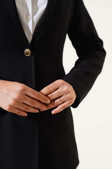 Cep Kapaklı Tek Düğmeli Blazer Ceket Siyah - Resim 4