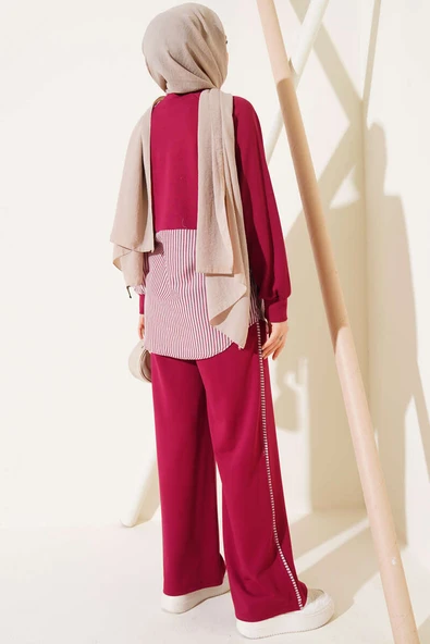 Loyşa Çizgi Garnili Tunik İkili Takım Bordo - Resim 3