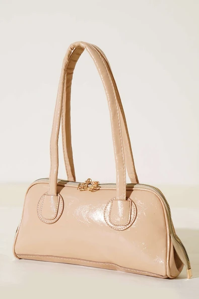 Fermuarlı Uzun Kulplu Rugan Çanta Latte ürün görseli