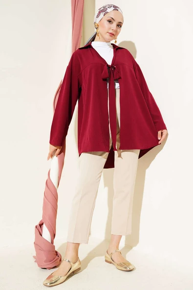 Klasik Yaka Bağlamalı Kimono Bordo - Resim 2