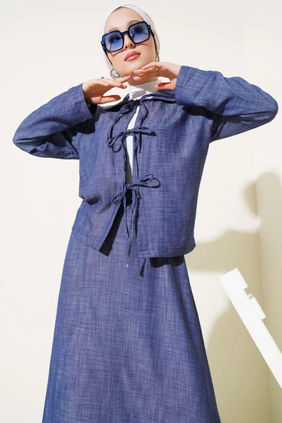 Önü İp Bağcıklı Tensel Etekli Takım Lacivert - Resim 2