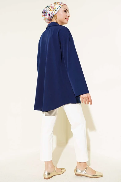 Klasik Yaka Bağlamalı Kimono Lacivert - Resim 3